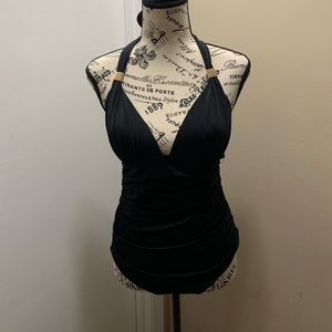 VS black one piece with gold tone shoulder strap ties, ruched waist, M, NWT